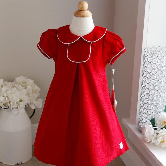 Red Corduroy Dress White Trim Preppy Monogram Panel 100% Cotton Portrait 4T NWT - Picture 1 of 6